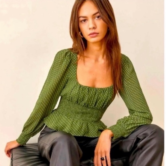 Reformation Tops - Reformation Hearth Top Peat Green Polka Dot Smocked Waist Square Neckline Size 6